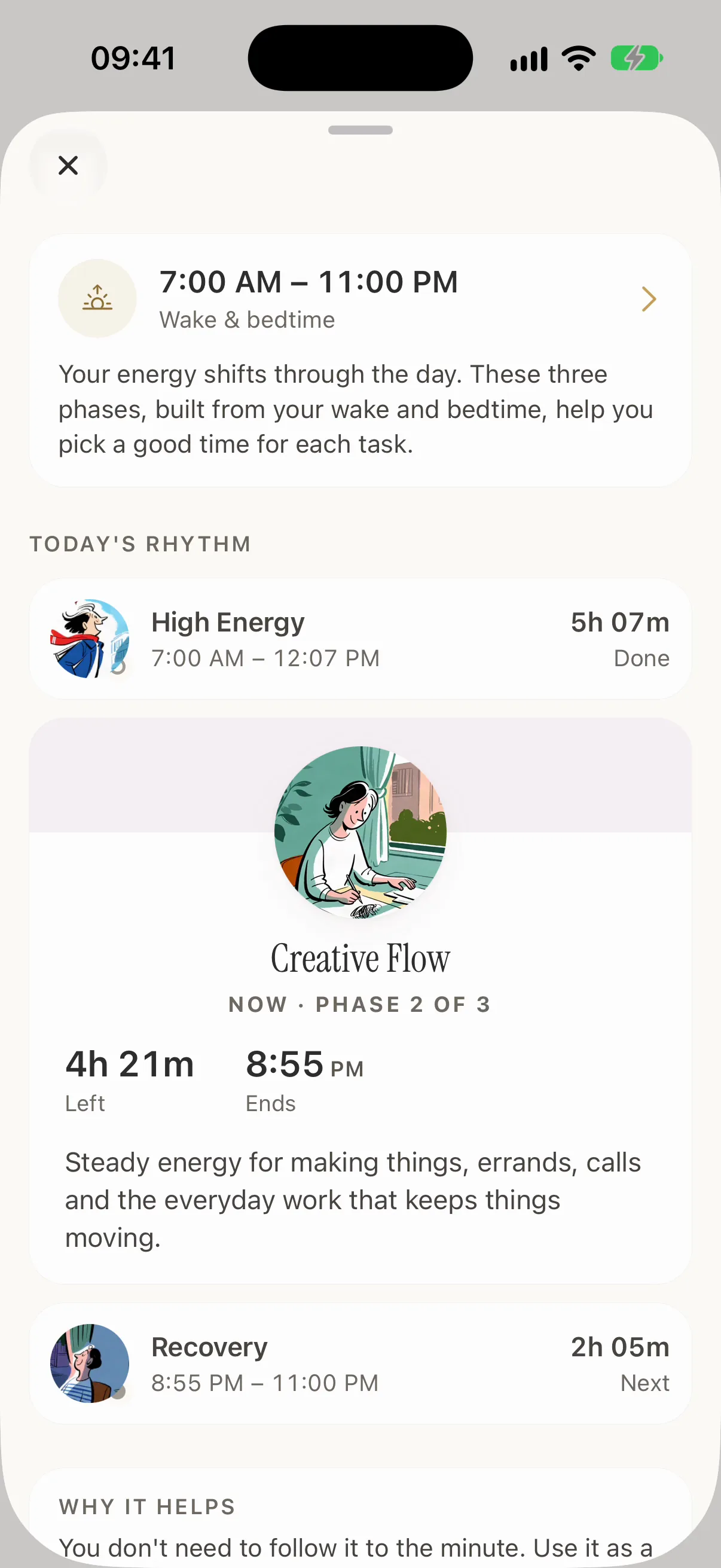 Energy Rhythm: High Energy done, Creative Flow under way with 4h 21m left, Recovery next.