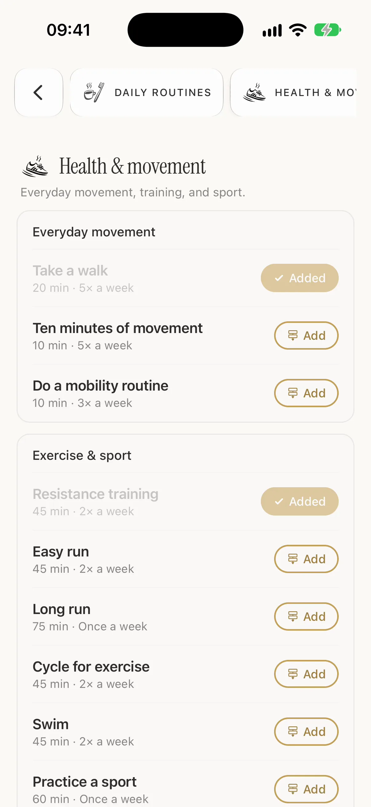 The Routine Gallery's Health and movement group: routines with their length and cadence, two already added.