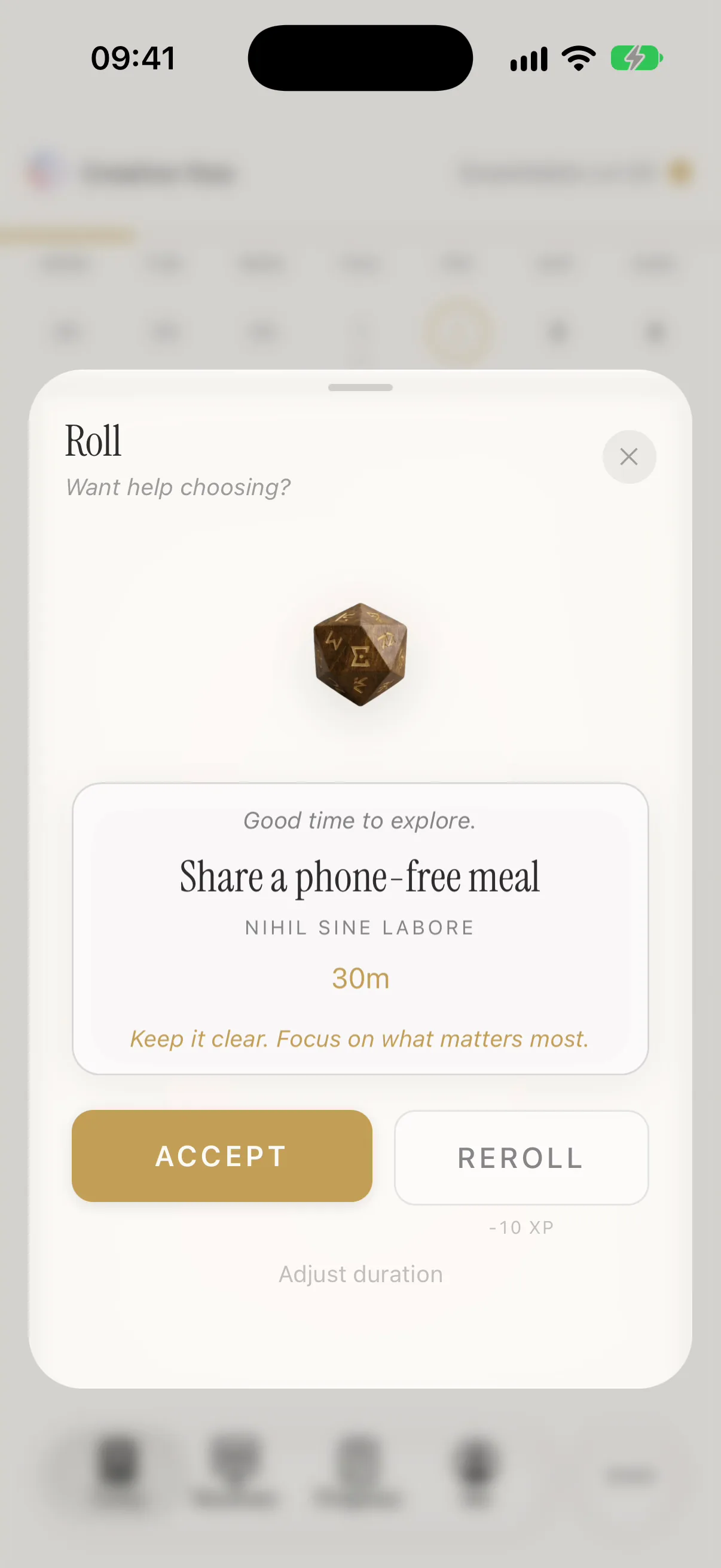 A Roll result: Share a phone-free meal, 30 minutes, with Accept and Reroll.
