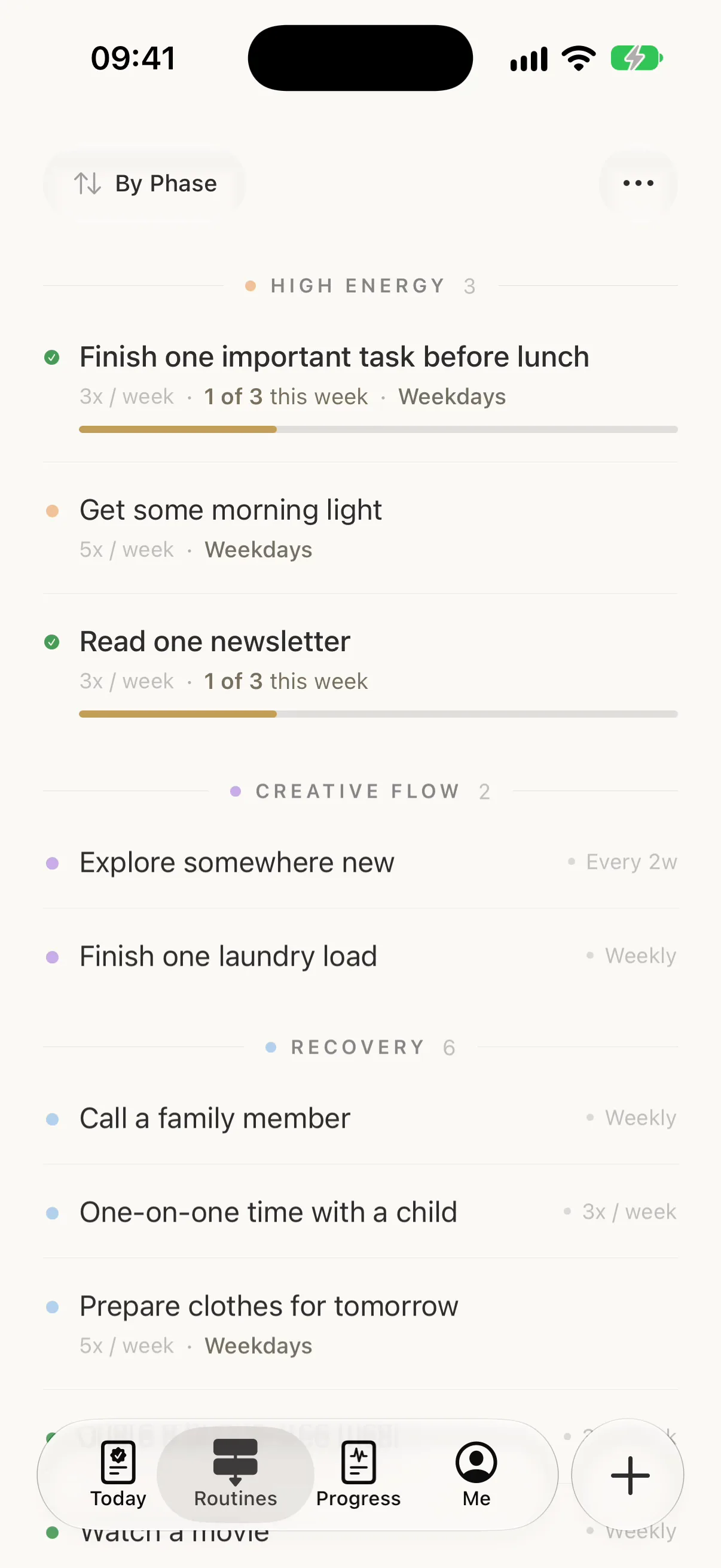 Routines grouped by energy phase, each with its cadence and this week's progress, such as 1 of 3.