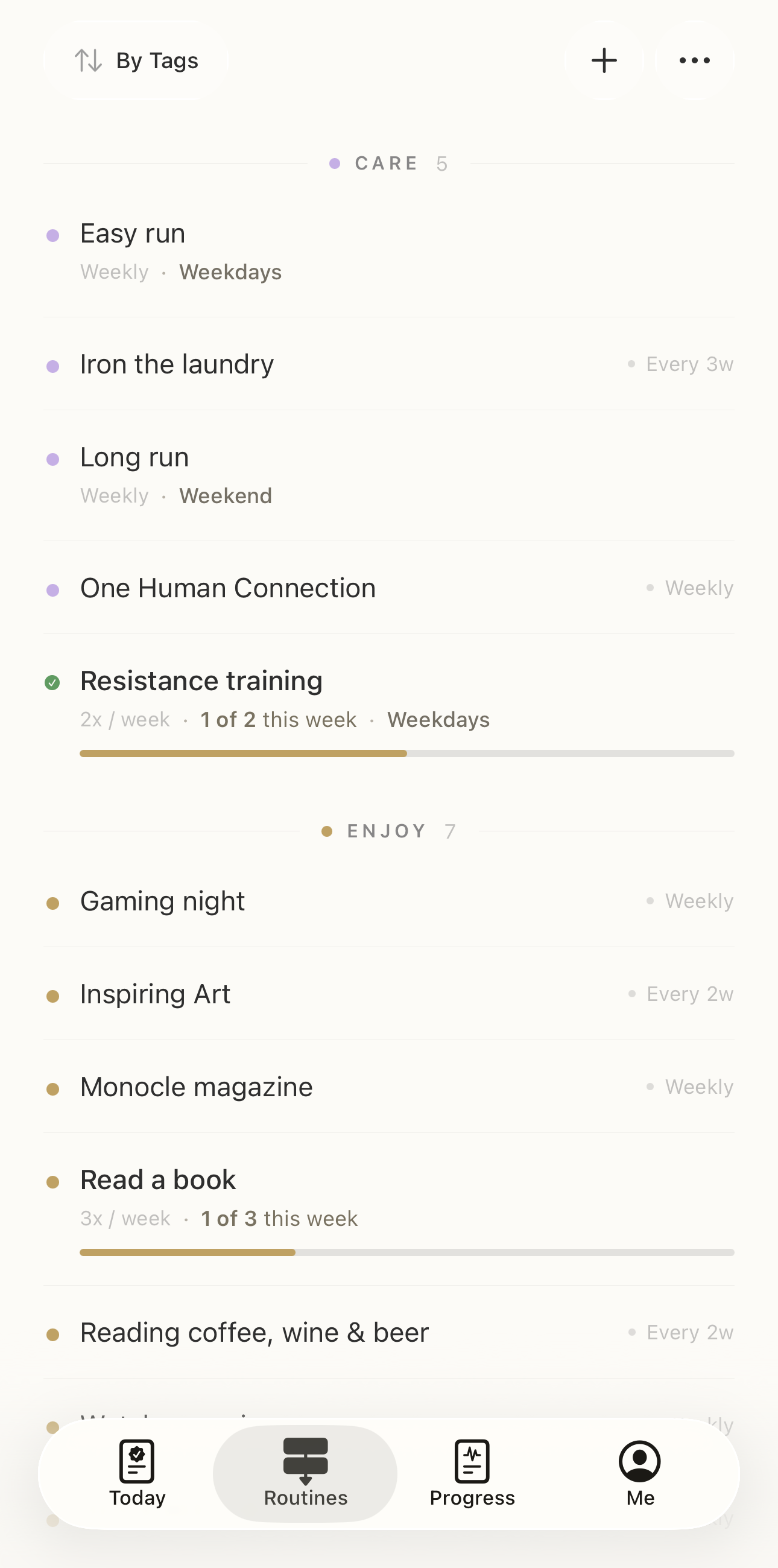 The Routines library, grouped by tag with each routine's cadence visible.