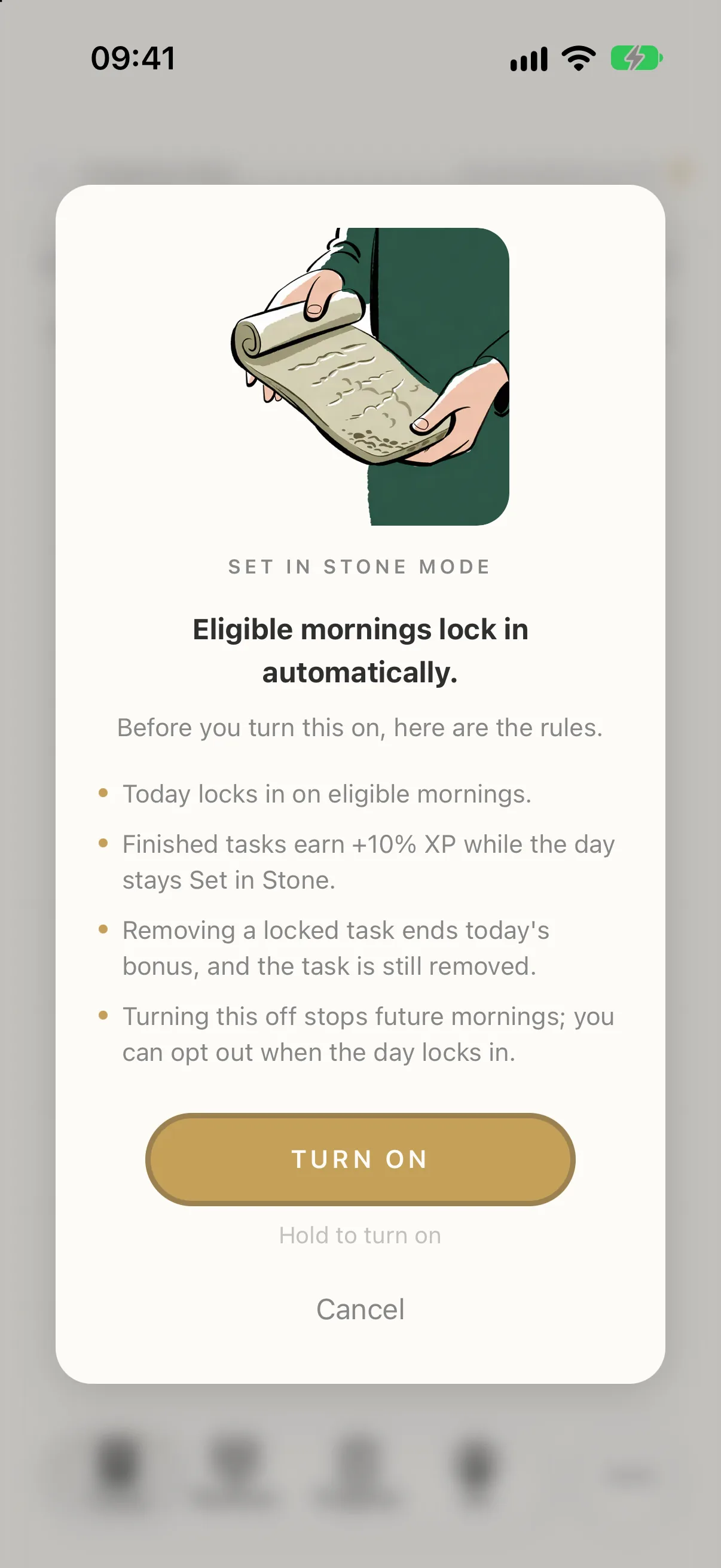 The Set in Stone sheet: eligible mornings lock in automatically, finished tasks earn 10% more XP, with Turn on and Cancel.