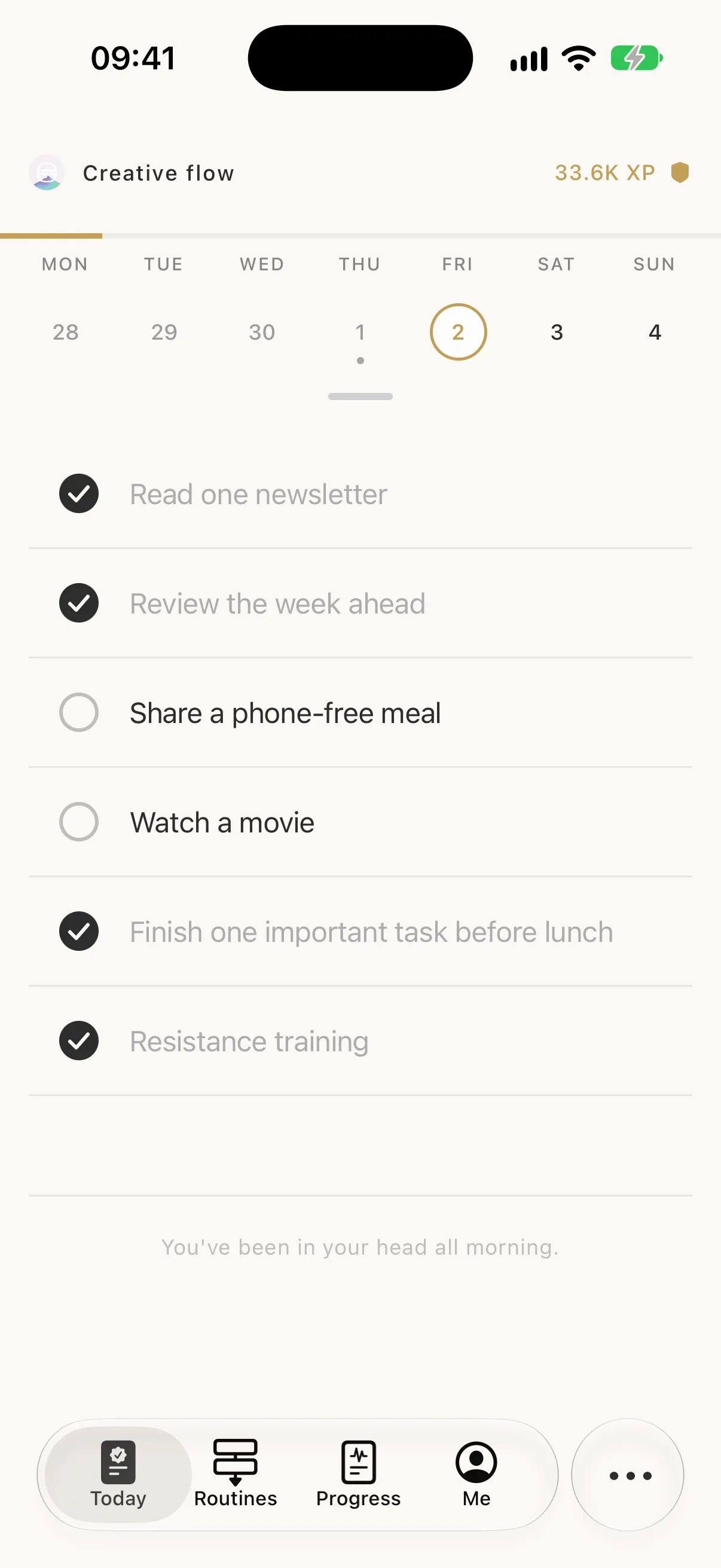 The Esas Today screen on a Friday: six routines already placed, four of them checked off.