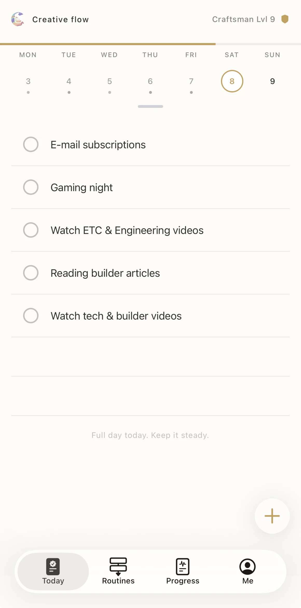 The Esas Today screen on a Saturday: five routines already placed, with Gaming night ranked second.