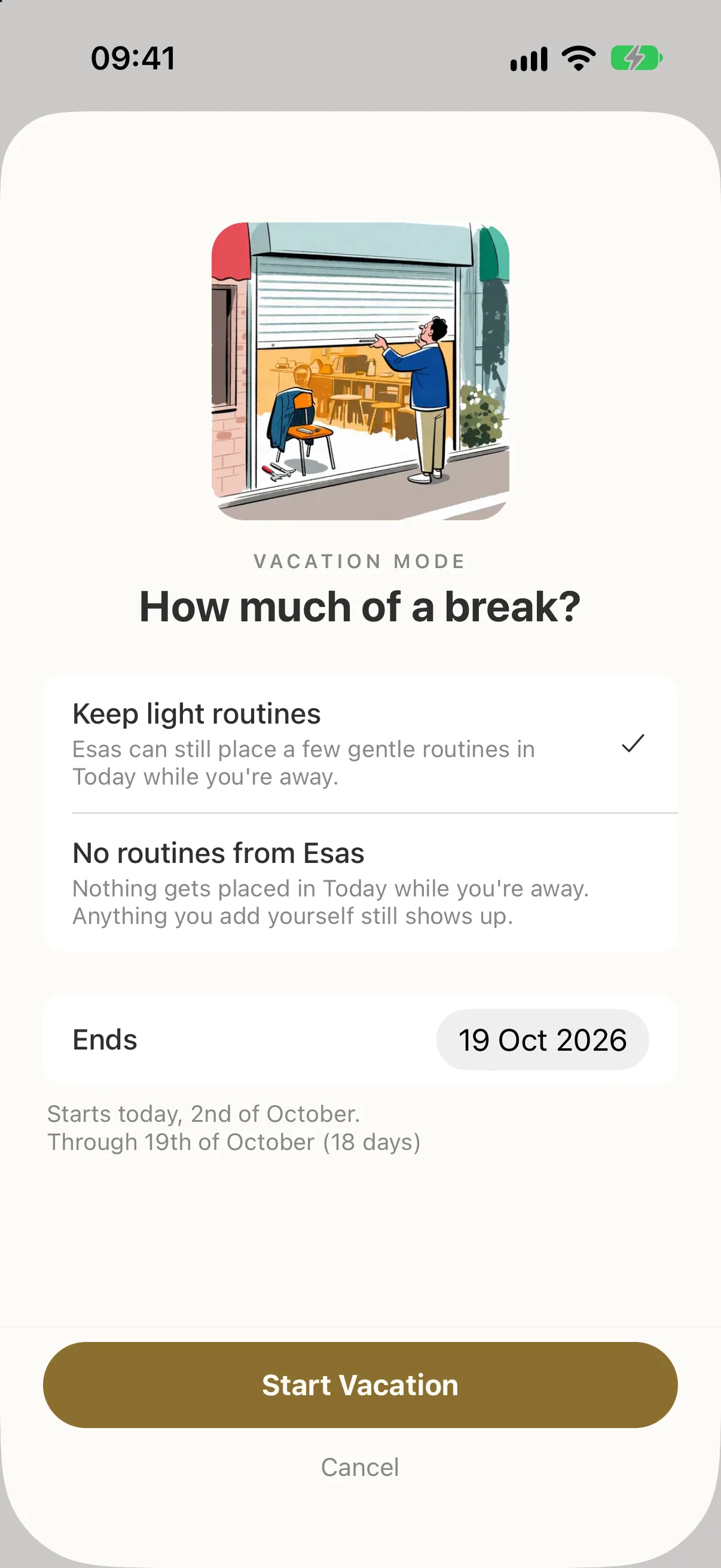Vacation Mode on one screen: Keep light routines selected, ending 19 October, 18 days.